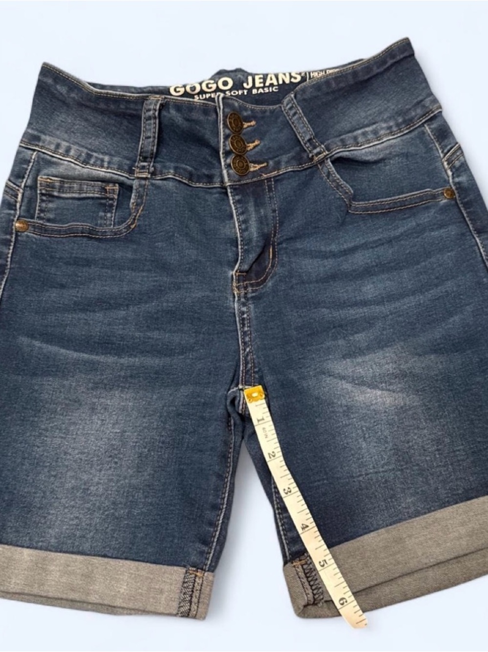 GOGO High-Waist Rolled Hem Dark Blue Denim Shorts